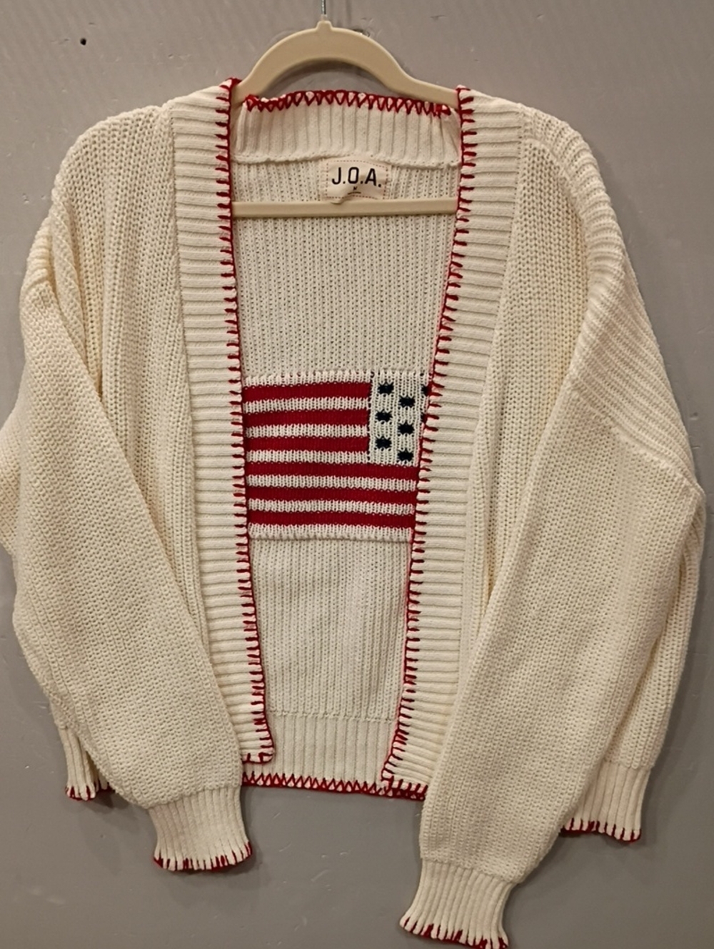J.O.A. M... USA Flag Print Cream Open-Front Cardigan with Red Trim